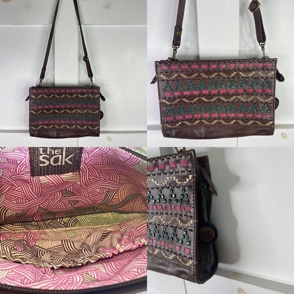 The Sak Handbags - The SAK Crossbody Leather Boho Purse Bag Aztec Tribal Print Pattern Dark Brown